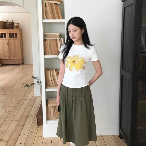 Pintuck Zipper Flare A-Line Daily Long Skirt