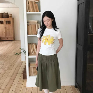 Pintuck Zipper Flare A-Line Daily Long Skirt