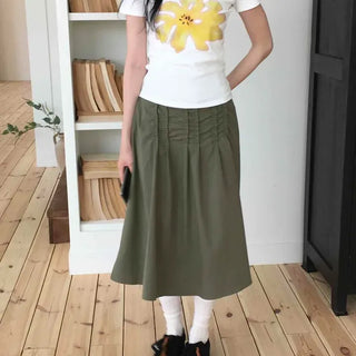 Pintuck Zipper Flare A-Line Daily Long Skirt