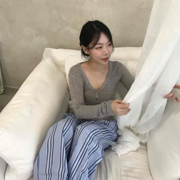 Loose-fit Striped Pintuck Wide Daily Long Pants