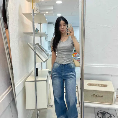 Loose-fit Washed Button Wide Long Pants