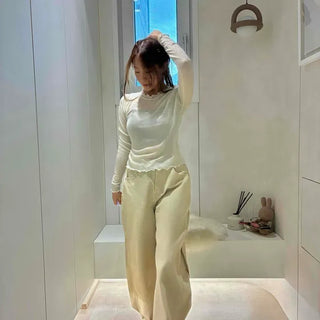 Slim Fit Plain Frill Long Sleeve Daily T-shirt