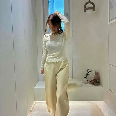 Slim Fit Plain Frill Long Sleeve Daily T-shirt