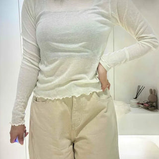 Slim Fit Plain Frill Long Sleeve Daily T-shirt