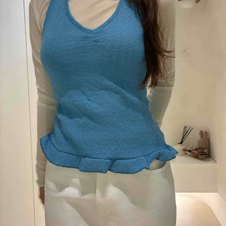 Slim Fit Plain Frill Long Sleeve Daily T-shirt