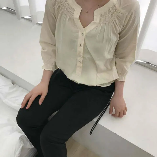 Loose Fit Plain Shirred Frill Button-Down Short Sleeve Blouse