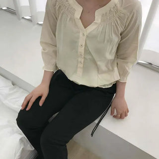 Loose Fit Plain Shirred Frill Button-Down Short Sleeve Blouse