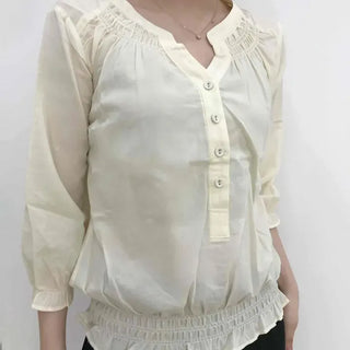 Loose Fit Plain Shirred Frill Button-Down Short Sleeve Blouse
