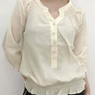 Loose Fit Plain Shirred Frill Button-Down Short Sleeve Blouse