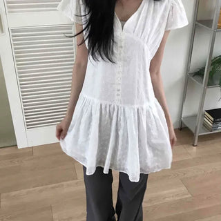 Shirred Punching Flower A-Line Short Sleeve Mini Dress