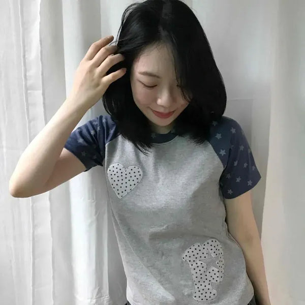 Dot Patch Raglan Embroidered Short Sleeve T-shirt