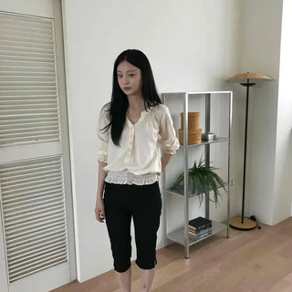 Morning Shirred Button 3/4 Sleeve Blouse