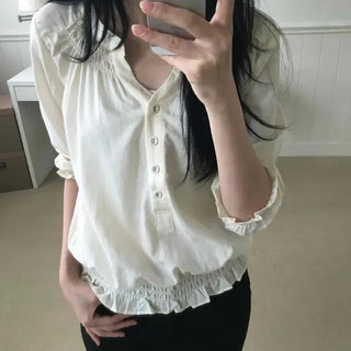 Morning Shirred Button 3/4 Sleeve Blouse