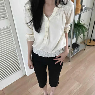 Morning Shirred Button 3/4 Sleeve Blouse