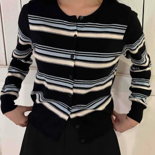 Minimal Multi-Stripe Round Neck Cardigan