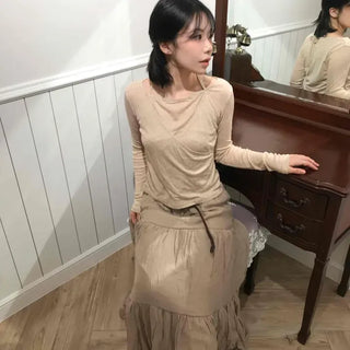 Retro Hip Linen Plain Flare Long Skirt