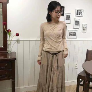 Retro Hip Linen Plain Flare Long Skirt