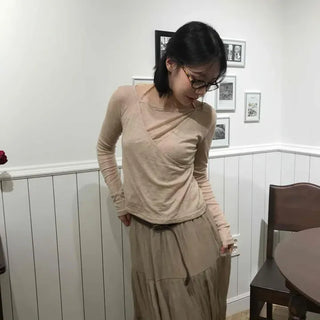 Retro Hip Linen Plain Flare Long Skirt