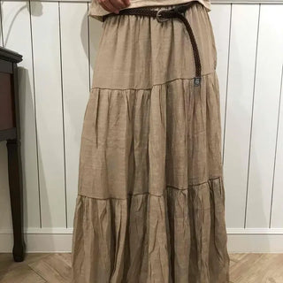 Retro Hip Linen Plain Flare Long Skirt
