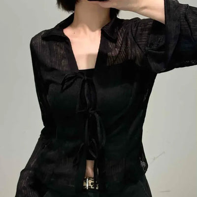 Front Ribbon See-through Blouse