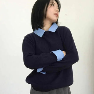 French Mood Shirt Collar Layered Cotton Knit