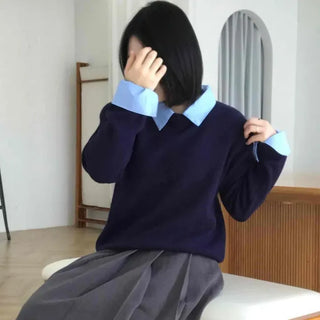 French Mood Shirt Collar Layered Cotton Knit