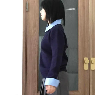 French Mood Shirt Collar Layered Cotton Knit