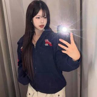 Sporty Military Wappen Loose Fit Zip-Up Hoodie