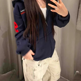 Sporty Military Wappen Loose Fit Zip-Up Hoodie