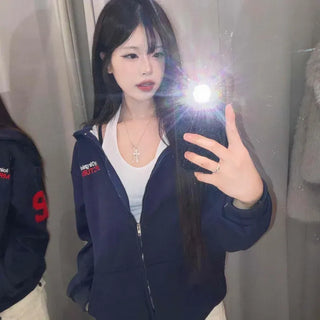 Sporty Military Wappen Loose Fit Zip-Up Hoodie
