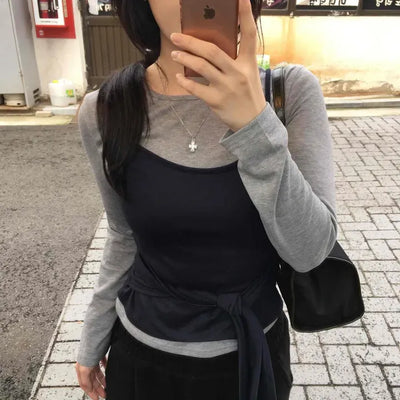 Strap Bustier Layered Long Sleeve T-shirt Set