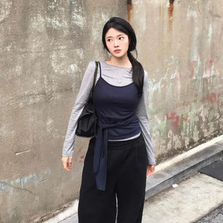 Strap Bustier Layered Long Sleeve T-shirt Set