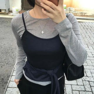 Strap Bustier Layered Long Sleeve T-shirt Set