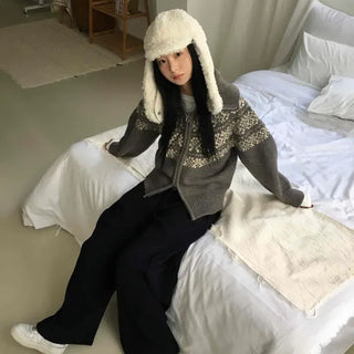 Nordic Color Block Crop Knit Zip-up