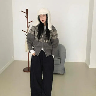Nordic Color Block Crop Knit Zip-up