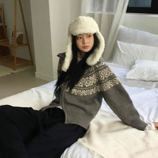 Nordic Color Block Crop Knit Zip-up