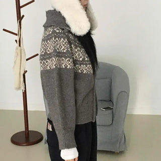 Nordic Color Block Crop Knit Zip-up