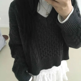 Cable Twist Contrast Layered V-Neck Knit