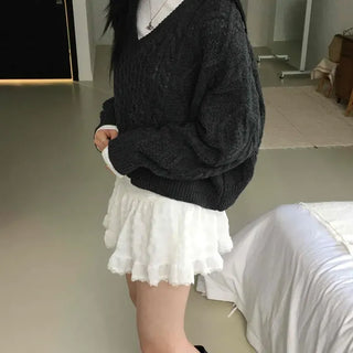 Cable Twist Contrast Layered V-Neck Knit