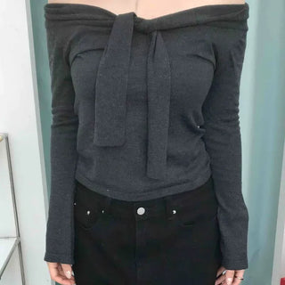 Strap Off-Shoulder Slim Long-Sleeve T-Shirt