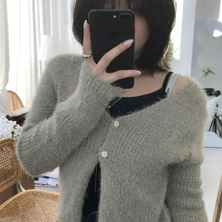 Hairy V-neck Crop Button Knit Cardigan