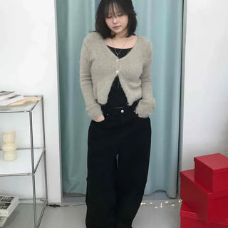 Hairy V-neck Crop Button Knit Cardigan