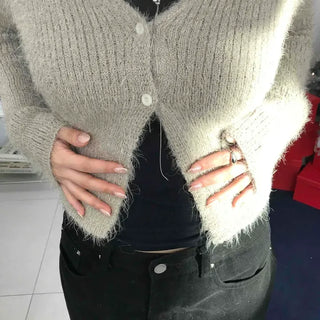 Hairy V-neck Crop Button Knit Cardigan