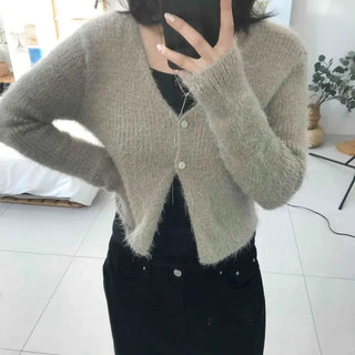 Hairy V-neck Crop Button Knit Cardigan