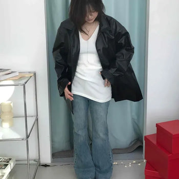 Leather collar shirt long jacket