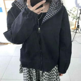 Check Hooded Two-Zip Zip Jumper