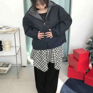Check Hooded Two-Zip Zip Jumper