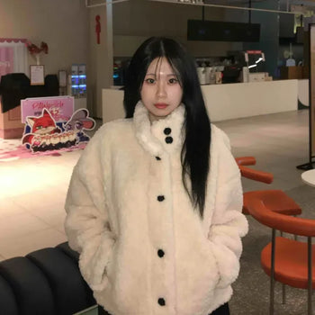 High-Neck Button Fluffy Fur Midi Fleece Jacket