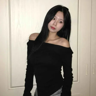 Sexy Slash Neck Shoulder Line Slim Knit Long Sleeve T-shirt