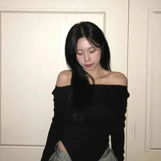 Sexy Slash Neck Shoulder Line Slim Knit Long Sleeve T-shirt